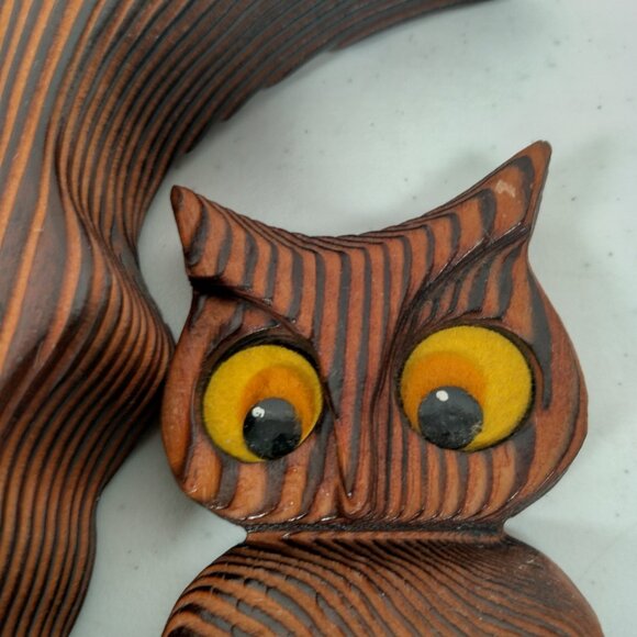 Anthropomorphic Crescent Moon And Owl Wall Hanging Carved Wood Wooden Vintage - Picture 2 of 12